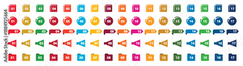 SDGsのナンバーとカラーを使ったアイコンセット。白背景にベクターイラスト。