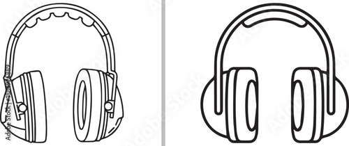 Two minimalist line-art illustrations of over-ear headphones. The left view shows a detailed side profile with a padded headband, while the right provides a clean, front-facing symmetrical outline.