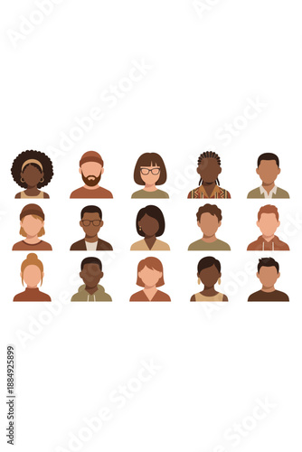Set of diverse people faceless avatars. Head portraits of young men and women. Group of multiethnic male and female characters. Vector illustration Isolated on white background