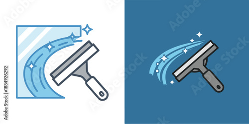 A dual-style vector icon showing a squeegee cleaning a glass surface with a sparkling blue streak. Features a light version on white and a simplified version on a dark blue background.