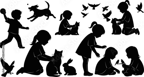 Children playing with pets and birds silhouettes set, joyful childhood activities with animals, black illustration isolated on white background, family, care and innocence concept design