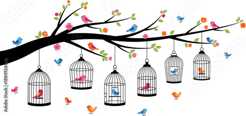 Colorful whimsical birds illustration with hanging cages on tree branch, spring floral decorative wall art, playful nature concept for nursery, home decor, and design