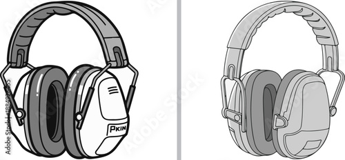 Two grayscale vector illustrations of professional earmuffs, showing a detailed line-art version and a shaded 3D perspective for hearing protection and industrial safety.