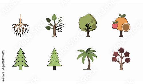 Modern vector tree pictogram set with roots, leaves, and fruit icons for UI, web, and educational design