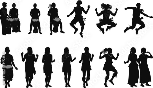 African Tribal Dance And Drum People Silhouette Set Traditional Rhythm Cultural Performance Isolated Black Vector Illustration Collection Art Design Elements