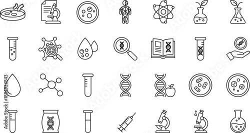 Comprehensive collection of science and laboratory icons featuring DNA strands microscopes test tubes and chemical research tools set.