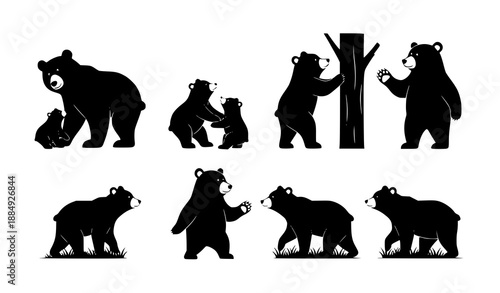 Friendly vector bear silhouette set featuring mother, cubs, and various poses for web and print design