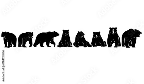 Minimal vector bear silhouettes set in various poses for logos, icons, and educational illustrations