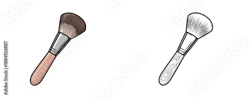 Cosmetic makeup brush with wooden handle in color and line art styles for powder application and face contouring in flat vector cartoon style on white background
