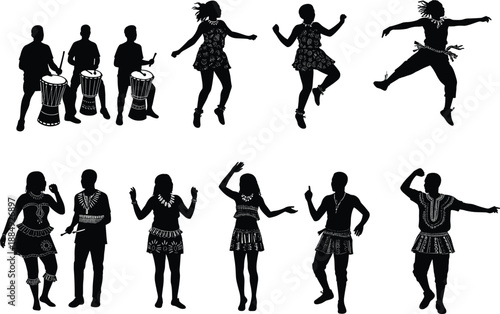 African tribal dance silhouettes with drummers traditional costumes energetic movement cultural celebration folk music vector illustration set