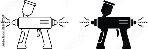Paint spray gun icons showing electric sprayer tool in black and white silhouette industrial equipment design set illustration.