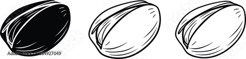 Pistachio nut icons set showing whole and shelled pistachios in black and white illustration design collection.