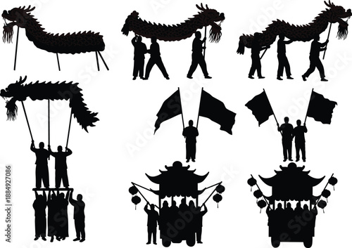 Chinese dragon dance festival silhouettes with performers flags lantern parade celebration traditional culture New Year vector illustration set