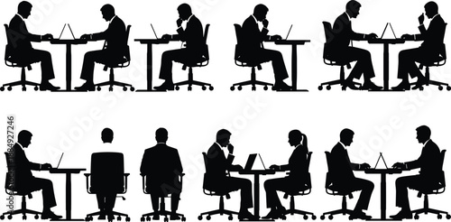 Business people silhouette set, professional office workers sitting at desks with laptops, corporate employees working on computers, isolated on white.