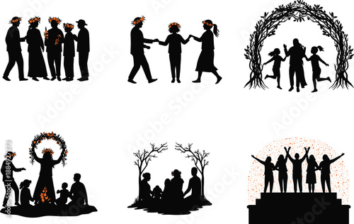 Christian Christmas church silhouettes with choir candlelight service nativity prayer celebration religious holiday vector illustration set