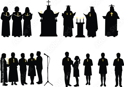 Church Choir And Clergy Silhouette Set Candlelight Worship Service Priest Cross Christian Ceremony Isolated Black Vector Illustration Collection