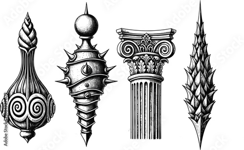 Classical Architectural Element Sketches Featuring Corinthian Column Capital, Ornamental Spikes, Decorative Finials, and Ancient Greco-Roman Pillars for Historical Graphic Design Projects.
