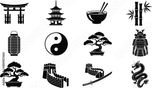 Collection of Asian Culture Silhouette Icons Featuring Torii Gate, Pagoda, Bonsai Trees, Yin Yang, Great Wall, Samurai Armor, and Dragon.