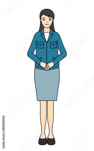 Female worker in blue uniform standing with hands folded