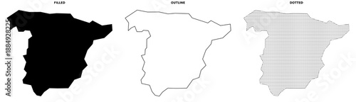 Spain Map Vector Set With Filled, Outline and Dotted Styles in Black and White