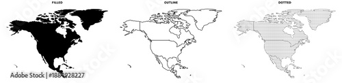 North America Map Vector Set With Filled, Outline and Dotted Styles in Black and White