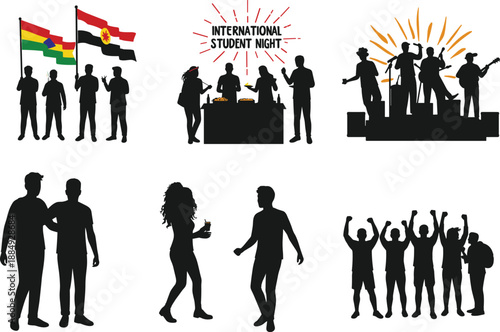 International student night festival silhouettes with multicultural flags music party dancing crowd celebration campus event vector illustration set