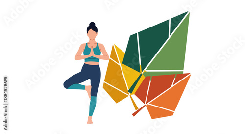 Find inner peace and wellness with a yoga practice, balance your mind and body near geometric autumn leaves, a serene moment of self care and mindfulness