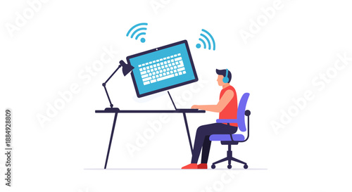 Focused young man works remotely wearing headphones with strong wireless connection at modern desk setup