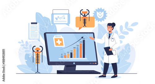 Confident medical professional presents positive healthcare growth statistics on a modern computer screen during a consultation