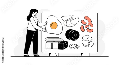 Woman organizes healthy protein sources like eggs, beans, and tofu on a presentation board for fitness planning