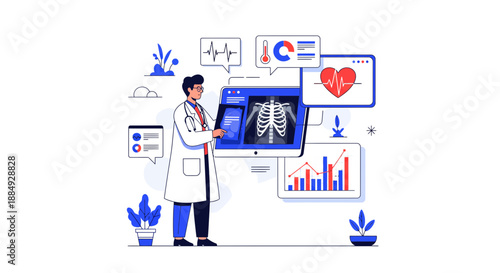 Professional doctor analyzing digital patient data including X-ray and vital signs on advanced medical screen