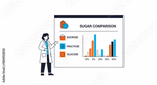 Professional scientist clearly explains complex sugar comparison data using a vibrant bar chart presentation in a modern setting