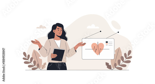 Professional presenting vital health data with heart rate monitor visualization in modern minimalist setting