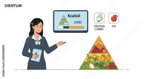 Professional nutritionist explains balanced diet planning with digital calorie tracking and food pyramid guide