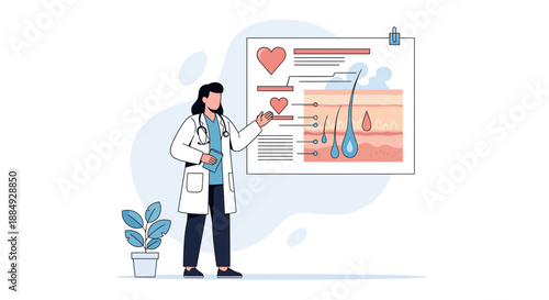 Professional dermatologist presents clear skin and hair follicle health analysis with informative charts and heart icons