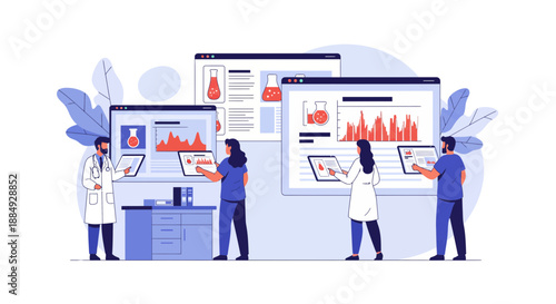 Dedicated medical researchers collaborating closely analyzing complex data visualizations and laboratory results on digital screens