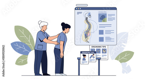 Caring professional guides patient on proper posture correction using spine anatomy display and ergonomic tips