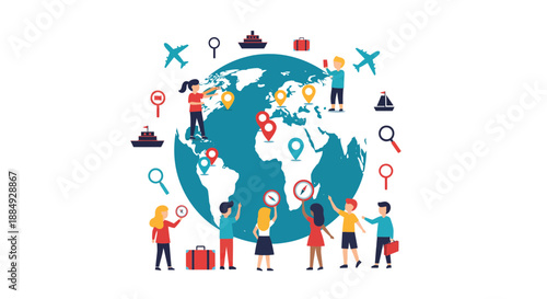 Diverse group of travelers planning global journeys around a stylized Earth with location pins and transit icons