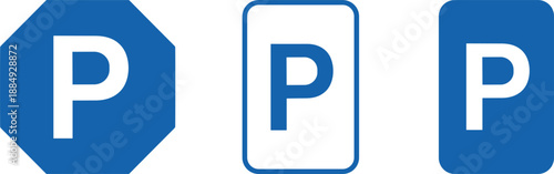 Set of three blue parking signs featuring the letter P in octagonal and rectangular frame designs for traffic and urban navigation.