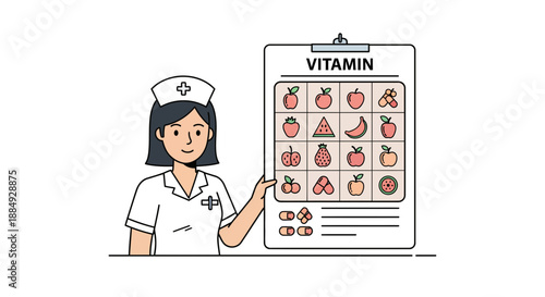 Professional nurse explains essential vitamin sources from fresh fruit and supplements on a clear health chart