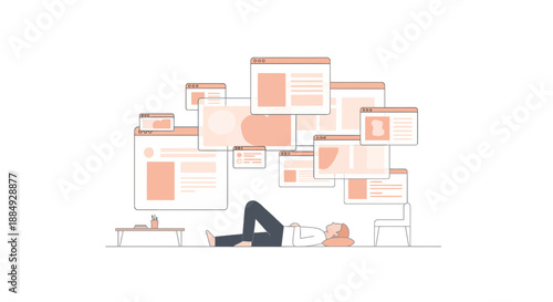 Calm professional relaxing under a cascade of digital application windows symbolizing creative brainstorming and web design process