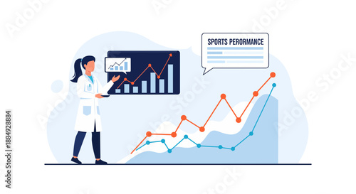 Dedicated sports scientist analyzes upward trending athletic performance data with digital charts and reports
