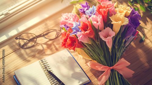 Romantic still life of a book with pink roses and flowers on a clean background