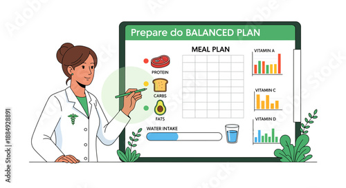 Dedicated nutritionist designs personalized healthy meal plan tracking diet progress with essential vitamins and hydration