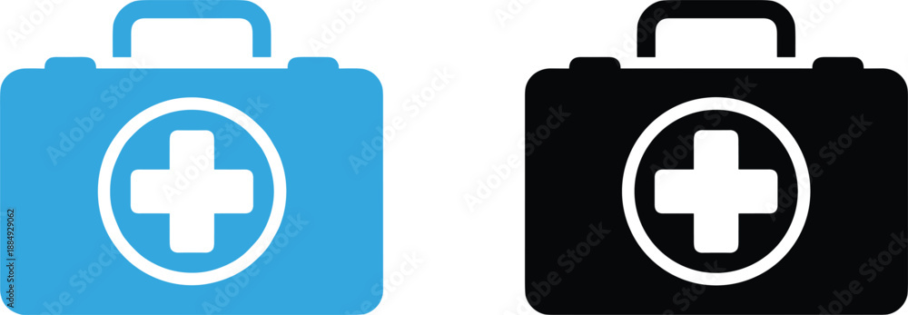 Obraz premium Two medical first aid kit icons featuring blue and black briefcase symbols with cross signs for emergency healthcare representation.