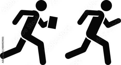 Two black silhouettes of person icons running quickly while carrying a package or document for delivery concept illustration.
