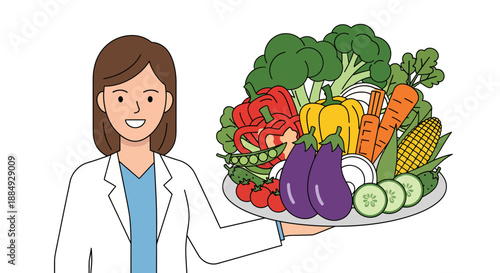 Friendly female nutritionist confidently presents vibrant platter of fresh organic vegetables promoting healthy eating habits