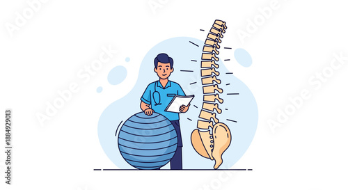 Friendly chiropractor guides patient recovery using spine model and exercise ball for optimal back health