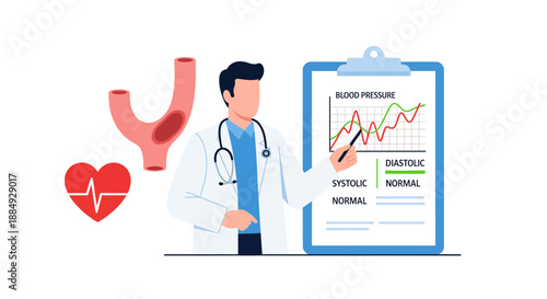 Professional doctor explains blood pressure monitoring results showing heart health and vascular condition awareness