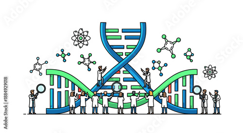 Dedicated scientists collaborate closely examining a massive DNA double helix structure surrounded by molecular diagrams